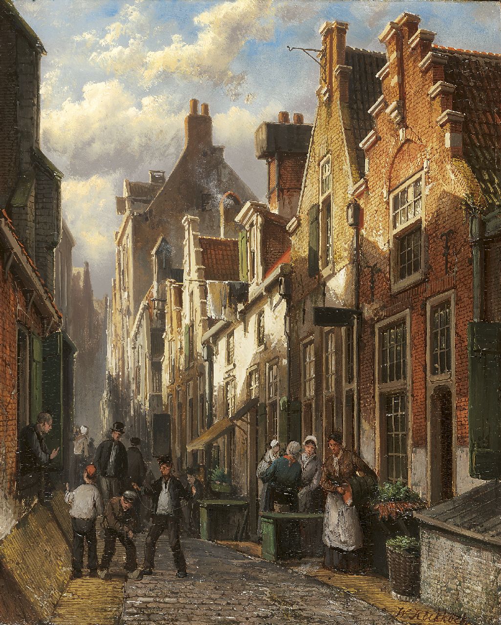 Koekkoek W.  | Willem Koekkoek, Dutch street scene at late afternoon, oil on panel 35.2 x 27.8 cm, signed l.r.