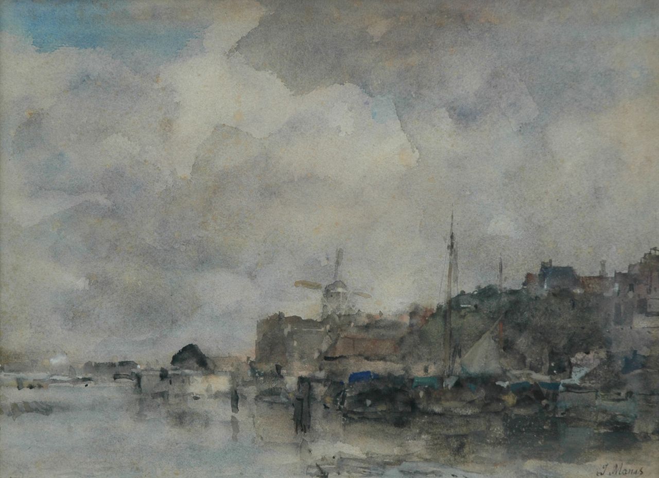 Maris J.H.  | Jacobus Hendricus 'Jacob' Maris, View of a Dutch harbour, watercolour on paper 28.5 x 38.6 cm, signed l.r.