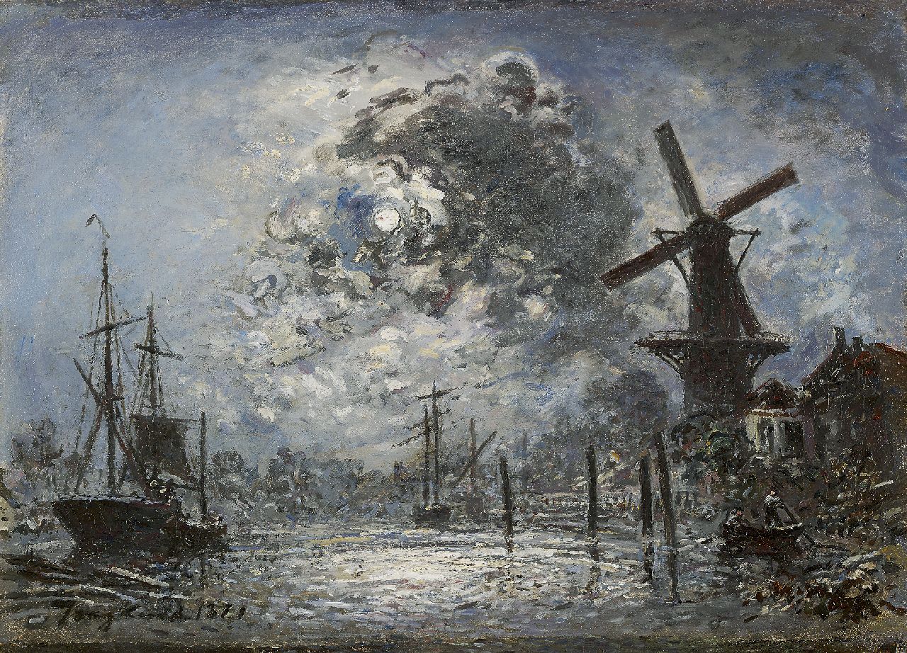 Jongkind J.B.  | Johan Barthold Jongkind, A canal near Leiden at night, oil on canvas 35.0 x 47.9 cm, signed l.l. and dated 1871