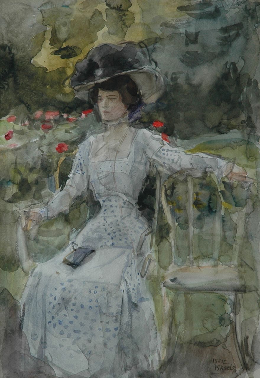 Israels I.L.  | 'Isaac' Lazarus Israels, An elegant lady in a park, watercolour on paper 51.0 x 36.0 cm, signed l.r.