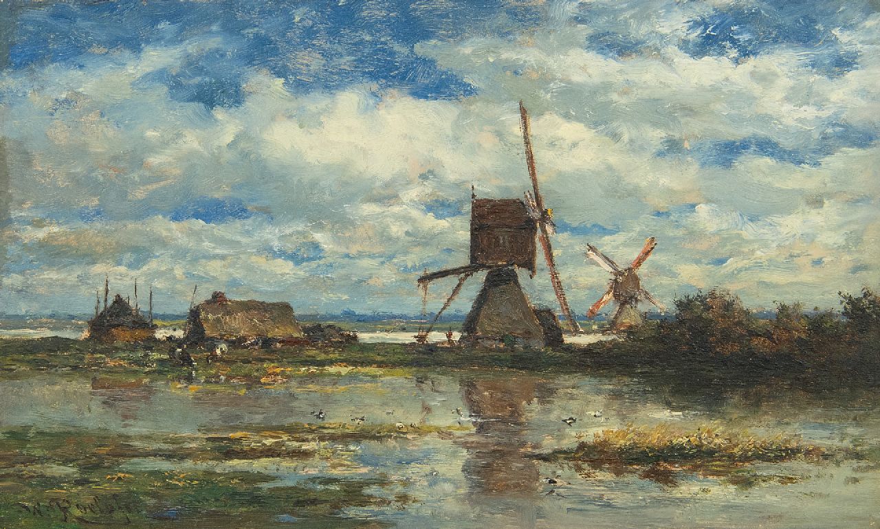 Roelofs W.  | Willem Roelofs, Two windmills in the Stolwijk polder (near Gouda), oil on panel 14.8 x 24.0 cm, signed l.l. and painted ca. 1872-1875