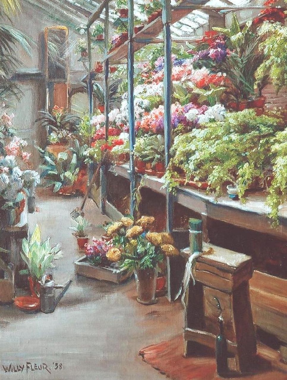 Fleur J.W.  | Johan Willem 'Willy' Fleur, Interior of a greenhouse, oil on canvas 49.9 x 40.3 cm, signed l.l. and dated '38