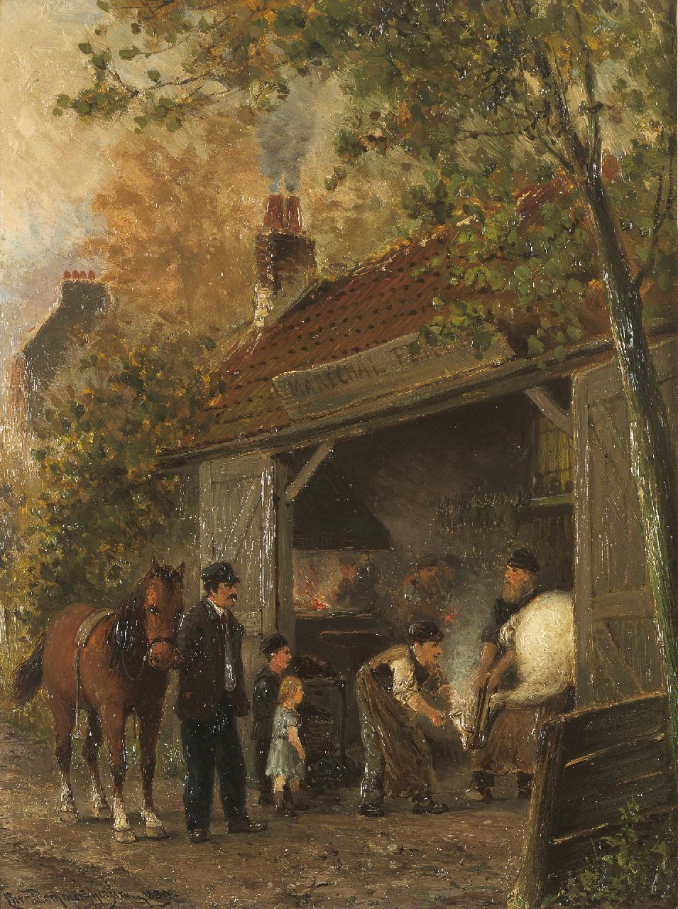 Dommelshuizen C.C.  | Cornelis Christiaan Dommelshuizen, At the blacksmith, oil on panel 34.9 x 26.4 cm, signed l.l. and dated 1889