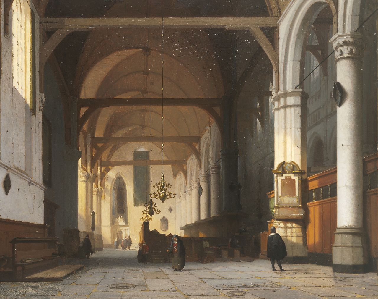 Schenkel J.J.  | Jan Jacob Schenkel, The interior of the 'Oude Kerk', Amsterdam, oil on panel 49.7 x 63.0 cm, signed l.r. (on the pillar)