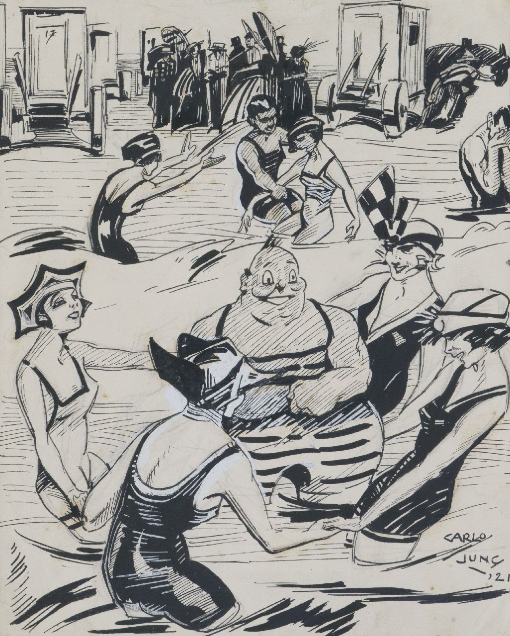 Jung C.H.  | Carel Hendrik 'Carlo' Jung | Watercolours and drawings offered for sale | Beach party, Indian ink on paper 22.0 x 24.0 cm, signed l.r. and dated '21