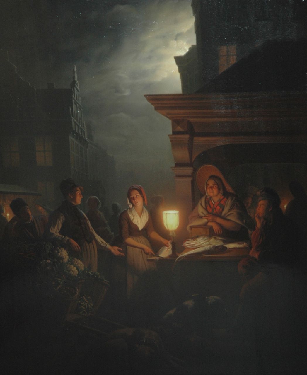 Schendel P. van | Petrus van Schendel, The fismarket at night, oil on panel 84.3 x 69.4 cm, signed l.r.