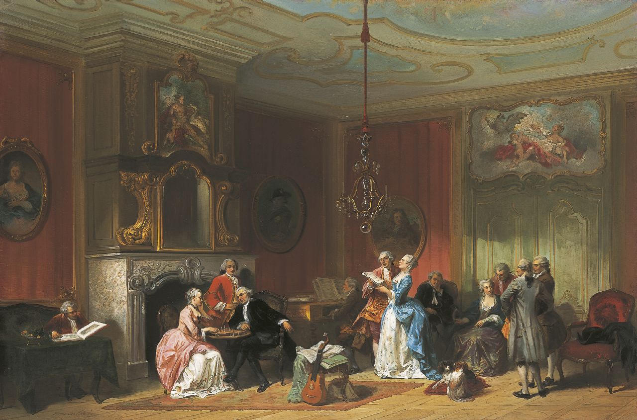 Kate H.F.C. ten | 'Herman' Frederik Carel ten Kate, Musical evening, oil on panel 65.3 x 98.0 cm, signed l.l.