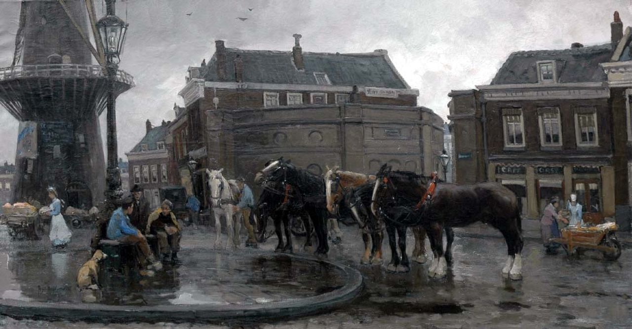 Voorden A.W. van | August Willem van Voorden, View of the Oostplein with windmill 'De Noord', Rotterdam, oil on canvas 75.3 x 140.8 cm, signed l.l. and dated 1905