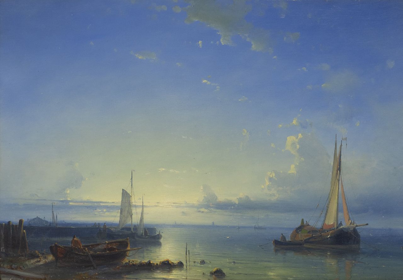 Hulk A.  | Abraham Hulk, Moored fishing boats at sunset, oil on panel 25.0 x 36.1 cm, signed l.r.