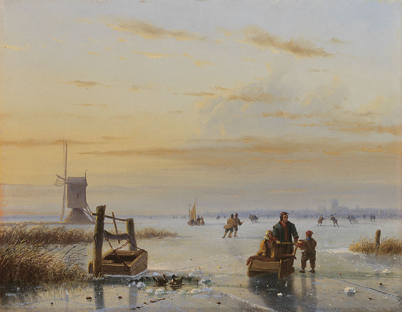 Roosenboom N.J.  | Nicolaas Johannes Roosenboom, Skaters on a frozen river, oil on panel 32.9 x 42.5 cm, signed l.r.