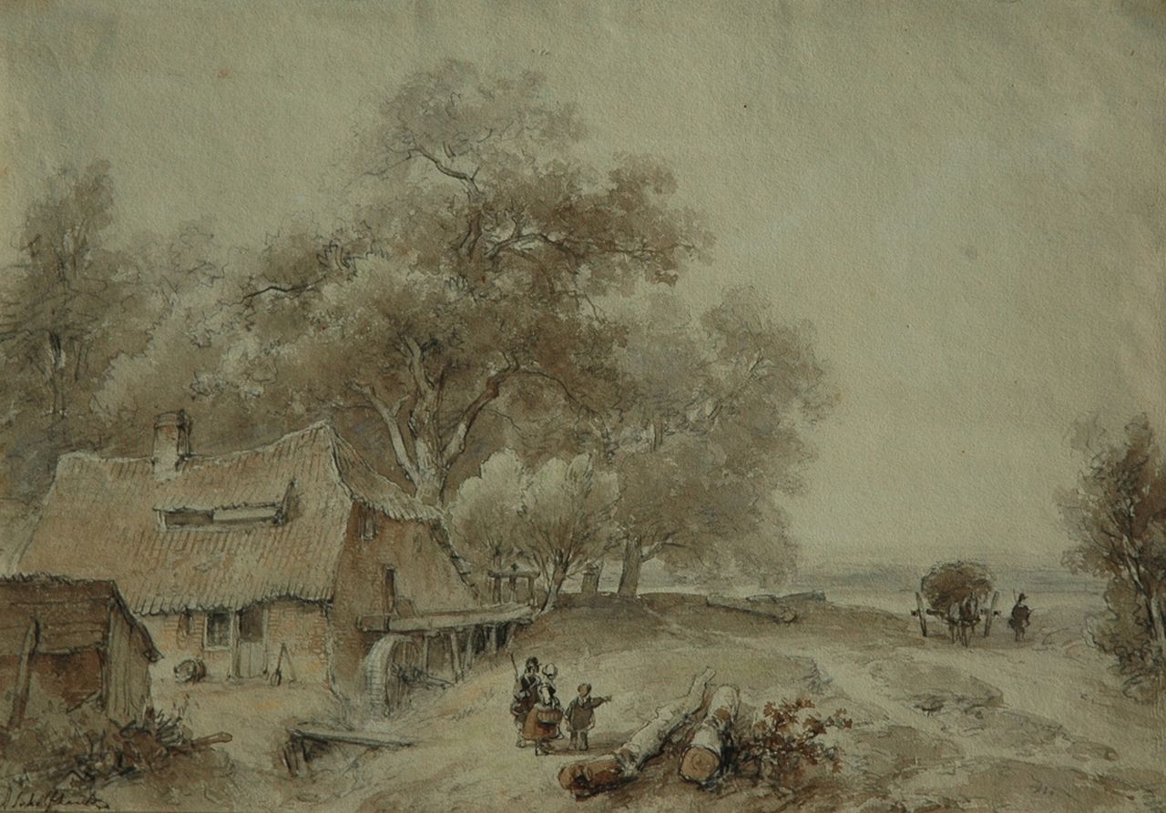 Schelfhout A.  | Andreas Schelfhout, Landscape with figures near a watermill, pen, ink and watercolour on paper 25.4 x 36.5 cm, signed l.l.