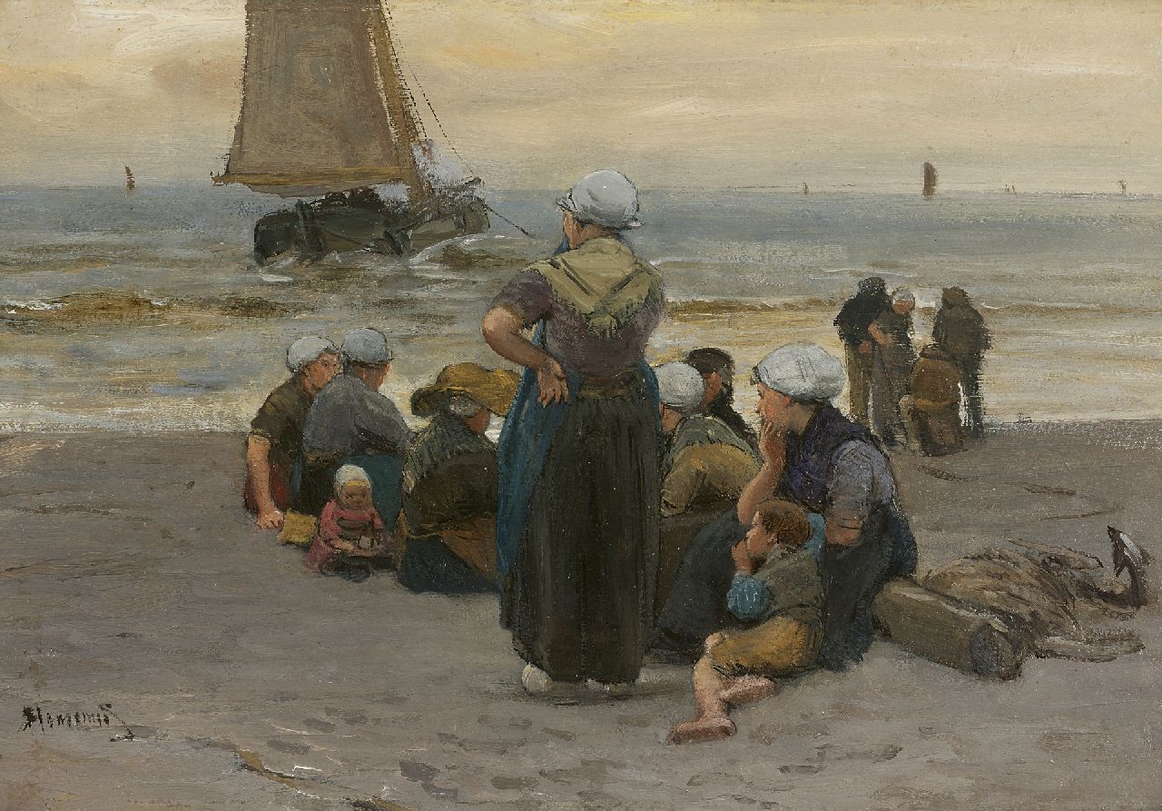 Blommers B.J.  | Bernardus Johannes Blommers, The fishing fleet setting out for sea, oil on panel 20.7 x 30.1 cm, signed l.l.