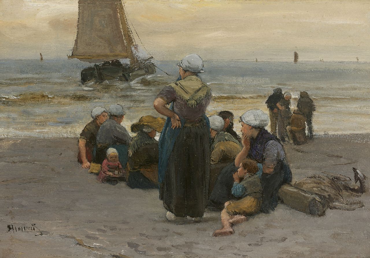 Blommers B.J.  | Bernardus Johannes 'Bernard' Blommers, The fishing fleet setting out for sea, oil on panel 20.7 x 30.1 cm, signed l.l.