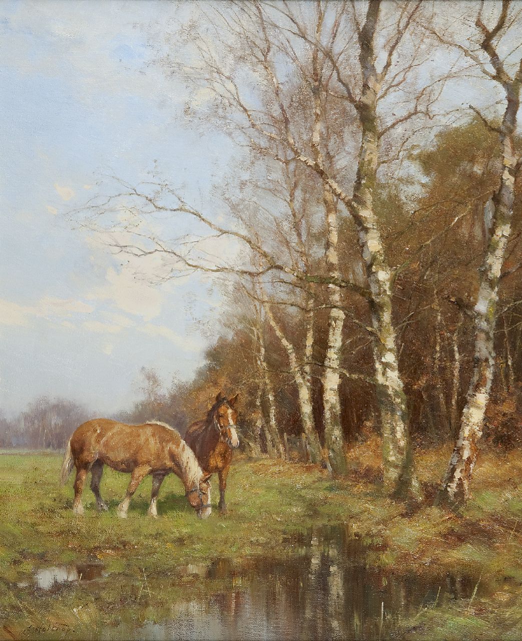 Holtrup J.  | Jan Holtrup, Workhorses in a landscape, Groesbeek, oil on canvas 60.1 x 50.2 cm, signed l.l.