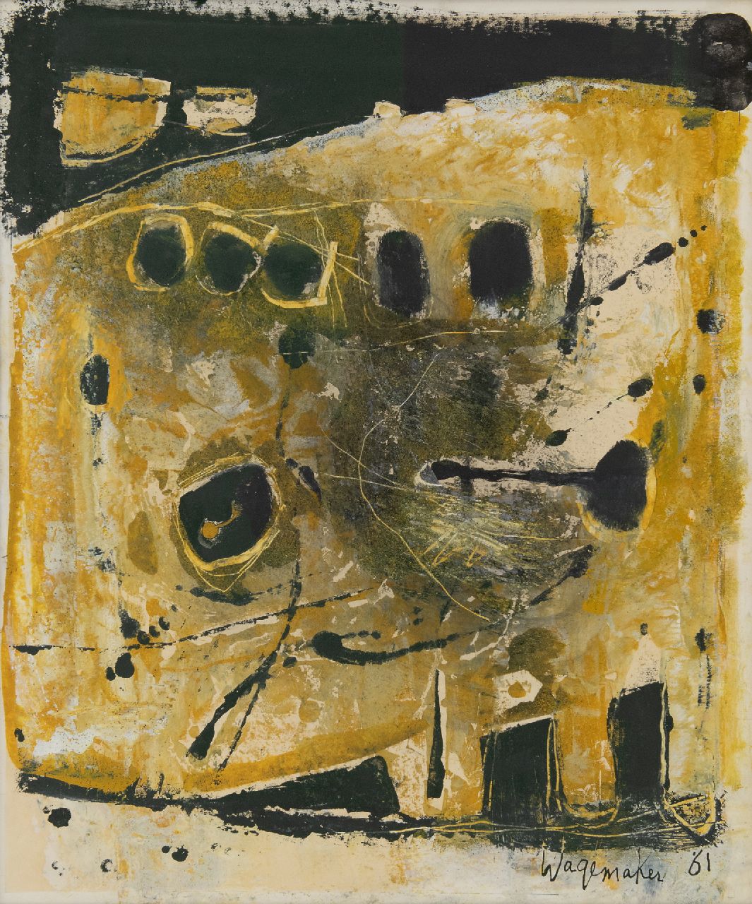 Wagemaker A.B.  | Adriaan Barend 'Jaap' Wagemaker, Abstract in yellow and black, mixed media on paper 54.0 x 44.5 cm, signed l.r. and dated '61