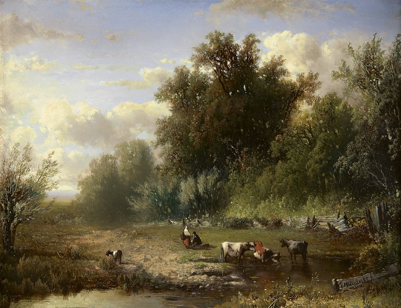 Hendriks F.H.  | Frederik Hendrik Hendriks, Cattle and resting figures, oil on canvas laid down on panel 37.9 x 49.4 cm, signed l.r.