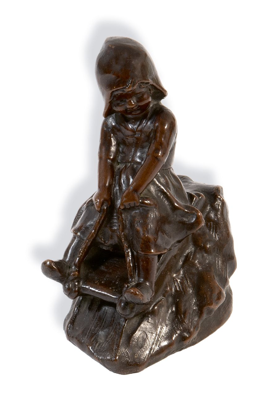 Trinque G.  | George Trinque, Girl on a sleigh, red copper 18.1 x 8.0 cm, dated '69