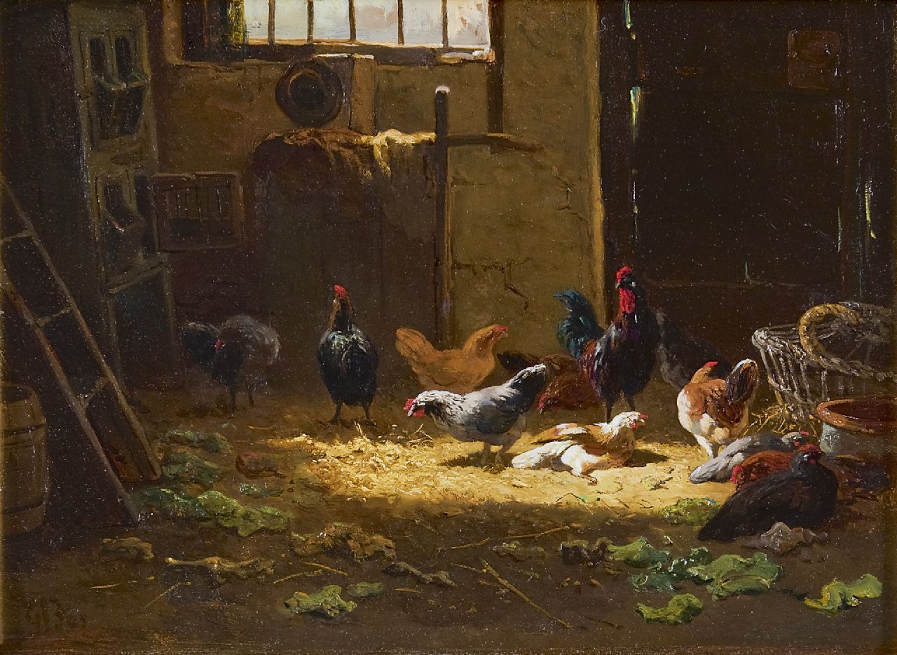 Bos G.J.  | Gerardus Johannes Bos, Poultry in a barn, oil on panel 23.9 x 33.0 cm, signed l.l.