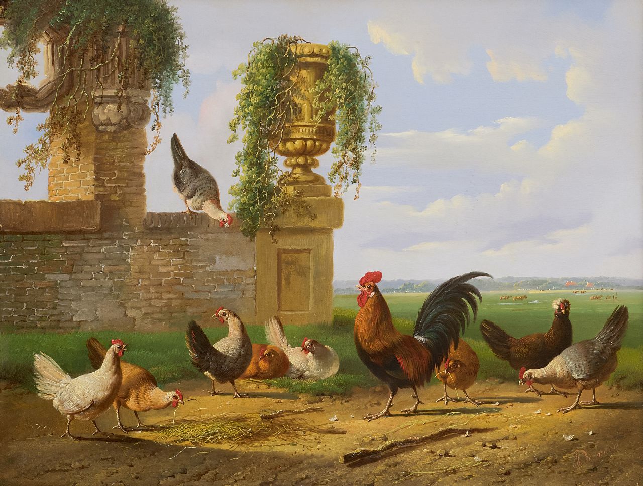 Verhoesen A.  | Albertus Verhoesen | Paintings offered for sale | Poultry in a Dutch landscape, oil on panel 39.2 x 51.1 cm, signed l.r.