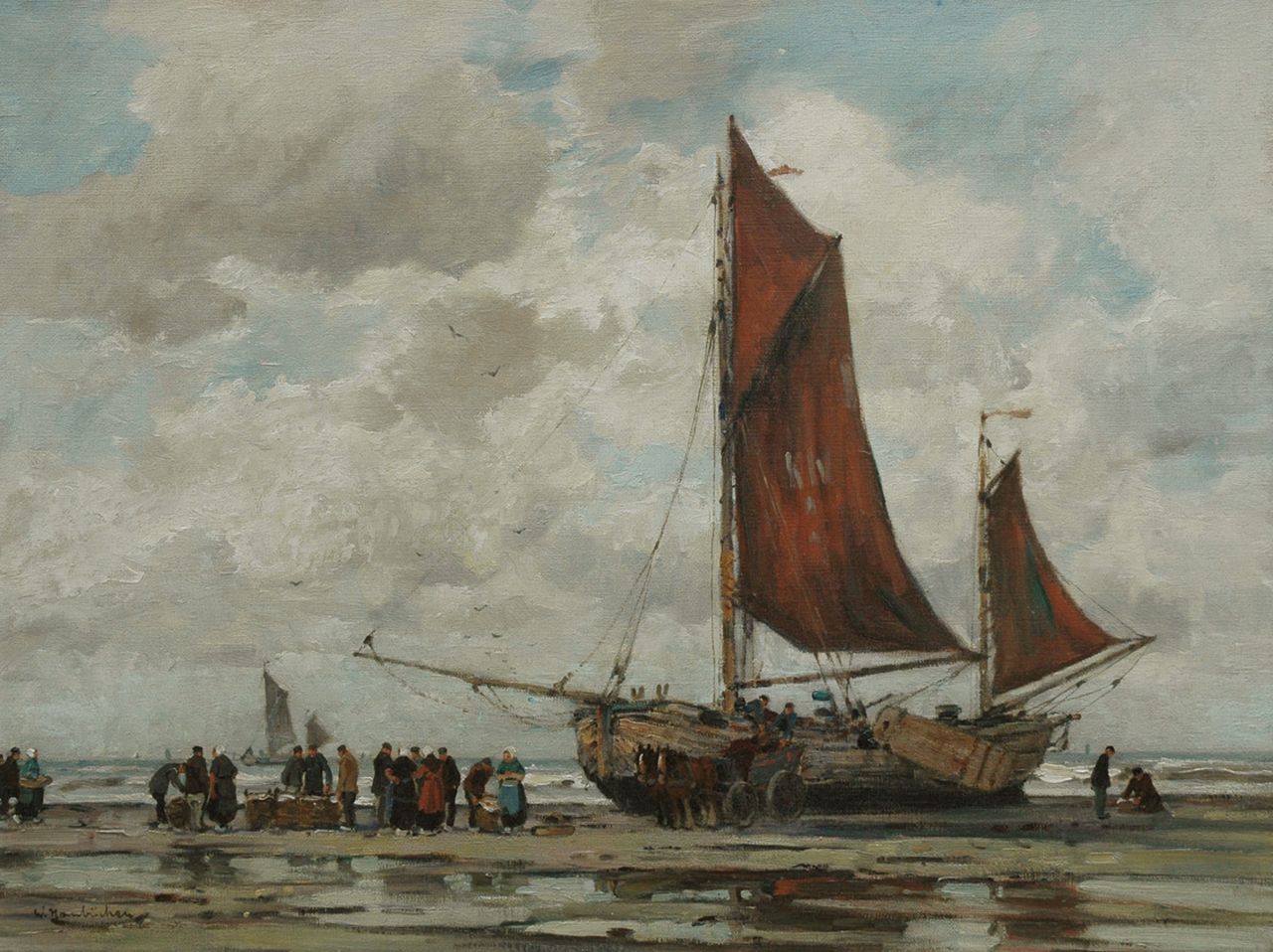 Hambüchen W.  | Wilhelm Hambüchen, Unloading the catch, oil on canvas 59.8 x 80.4 cm, signed l.l.