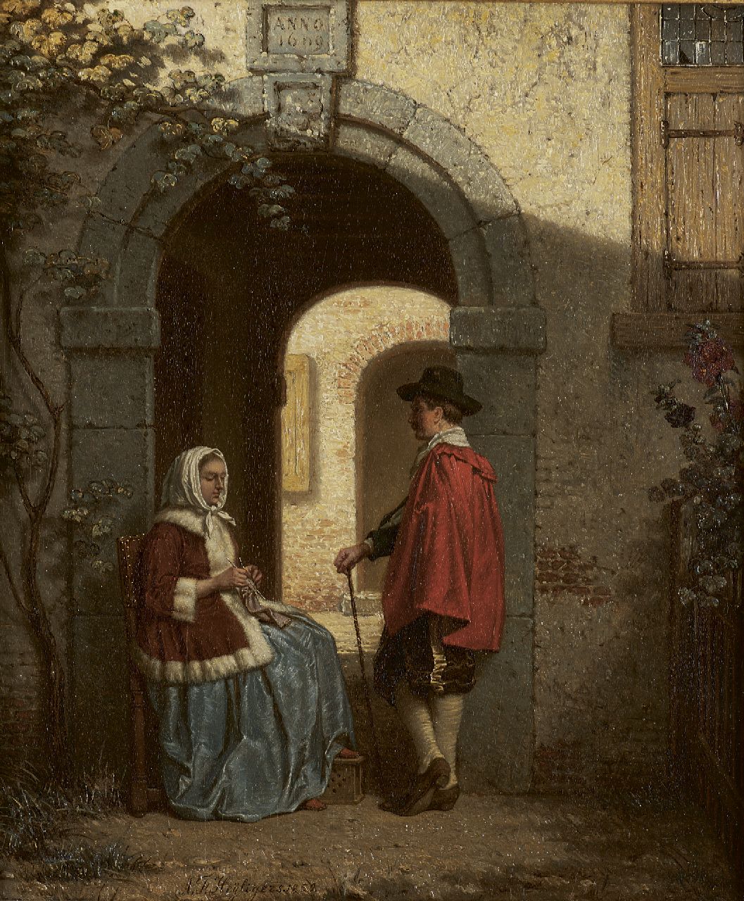 Heijligers A.F.  | Antoon François Heijligers, The conversation, oil on panel 22.2 x 18.7 cm, signed l.c. and dated 1859