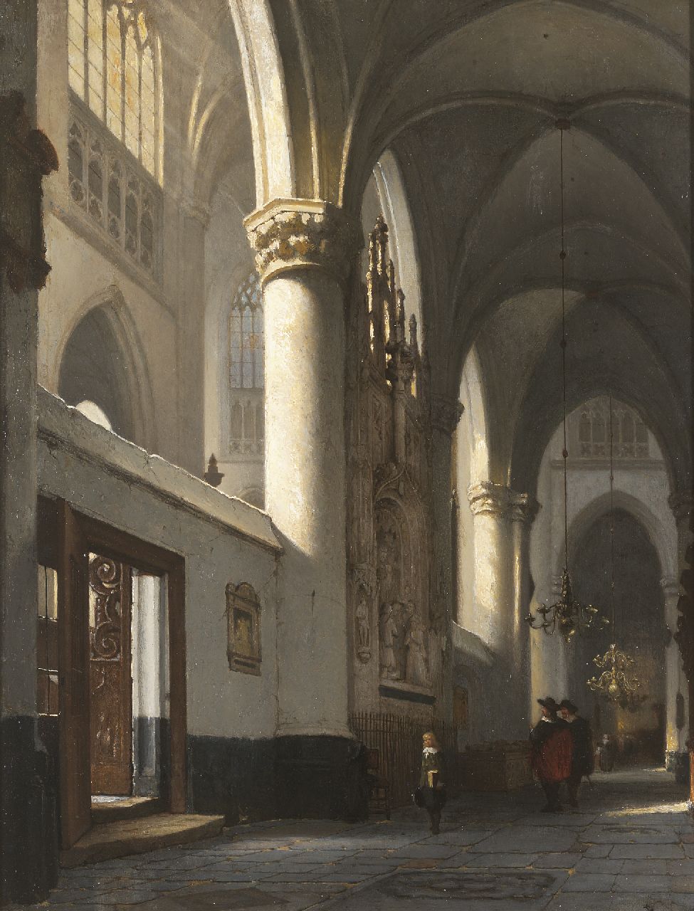 Schenkel J.J.  | Jan Jacob Schenkel, The interior of the Grote Kerk in Breda with the memorial stone of Engelbert I of Nassau, oil on panel 62.4 x 48.3 cm