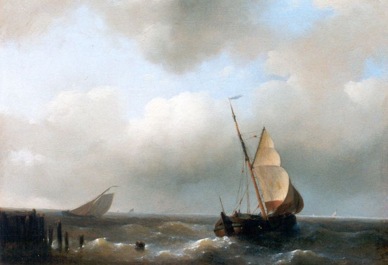 Hulk A.  | Abraham Hulk, Sailing vessels in full sail near the coast, oil on panel 15.3 x 20.9 cm