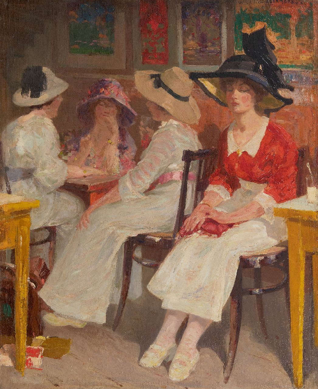 Vaarzon Morel W.F.A.I.  | Wilhelm Ferdinand Abraham Isaac 'Willem' Vaarzon Morel, Young women in a tearoom, oil on canvas 49.3 x 40.5 cm, signed u.r.