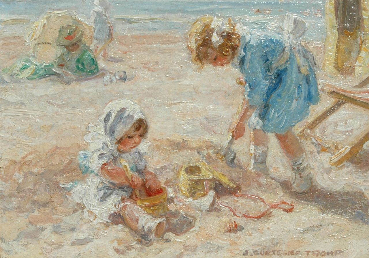 Zoetelief Tromp J.  | Johannes 'Jan' Zoetelief Tromp, Girls playing on the beach of Katwijk, Holland, oil on panel 18.9 x 26.6 cm, signed l.r.