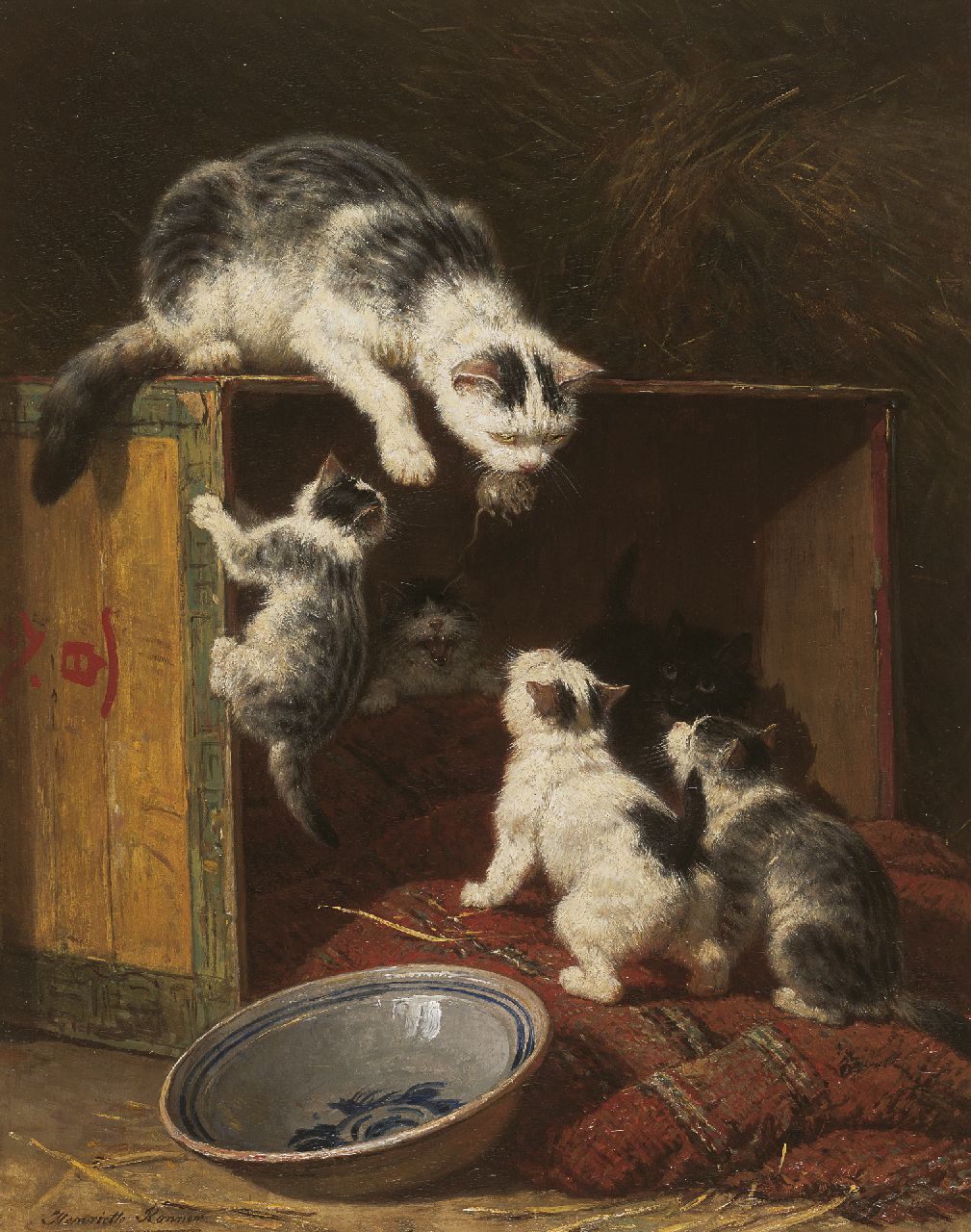 Ronner-Knip H.  | Henriette Ronner-Knip, A surprise, oil on panel 48.1 x 38.0 cm, signed l.l.