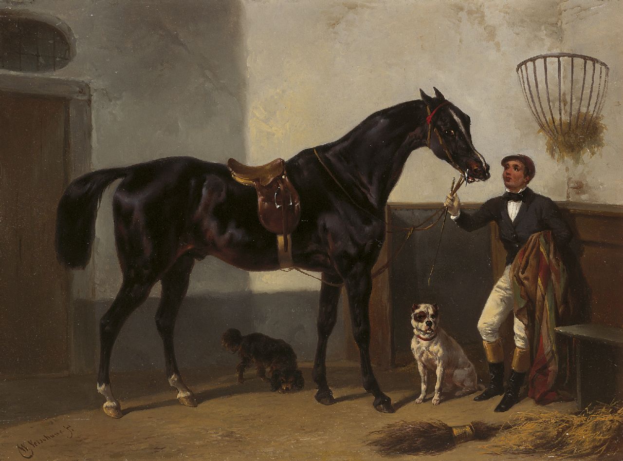 Verschuur W.  | Wouterus Verschuur, A jockey with a racehorse in a stable, oil on panel 27.7 x 37.2 cm, signed l.l.