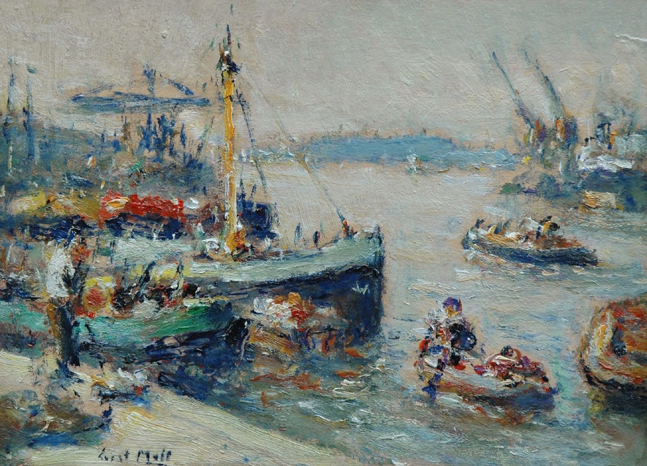 Moll E.  | Evert Moll, Busy harbour scene, Rotterdam, oil on board laid down on panel 24.8 x 33.5 cm, signed l.l.