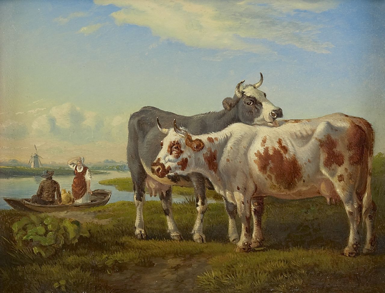 Ravenswaay J. van | Jan van Ravenswaay | Paintings offered for sale | Cows in a Dutch Arcadia, oil on panel 20.9 x 27.0 cm, signed l.r. with initials