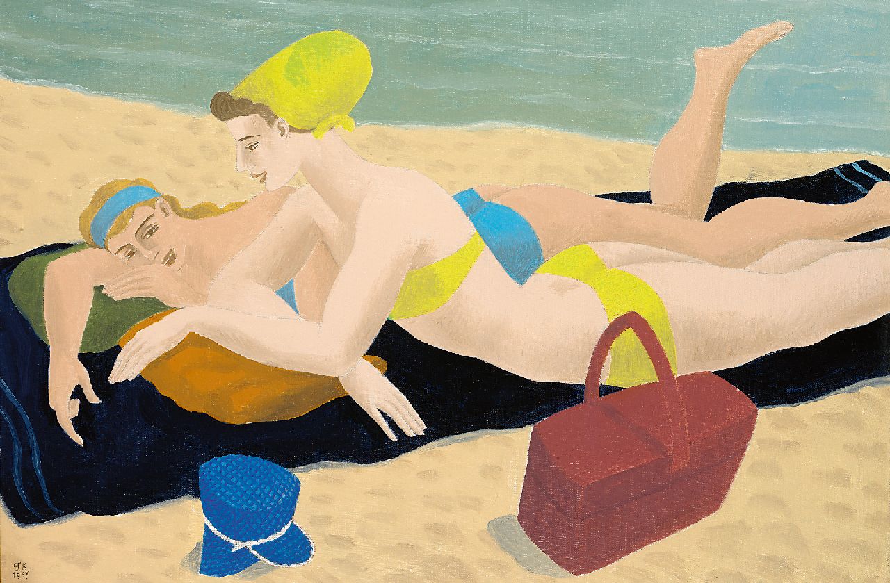 Erfmann F.G.  | 'Ferdinand' George Erfmann, Sunbathing on the beach, oil on canvas 40.3 x 60.3 cm, signed l.l. with initials and dated 1967