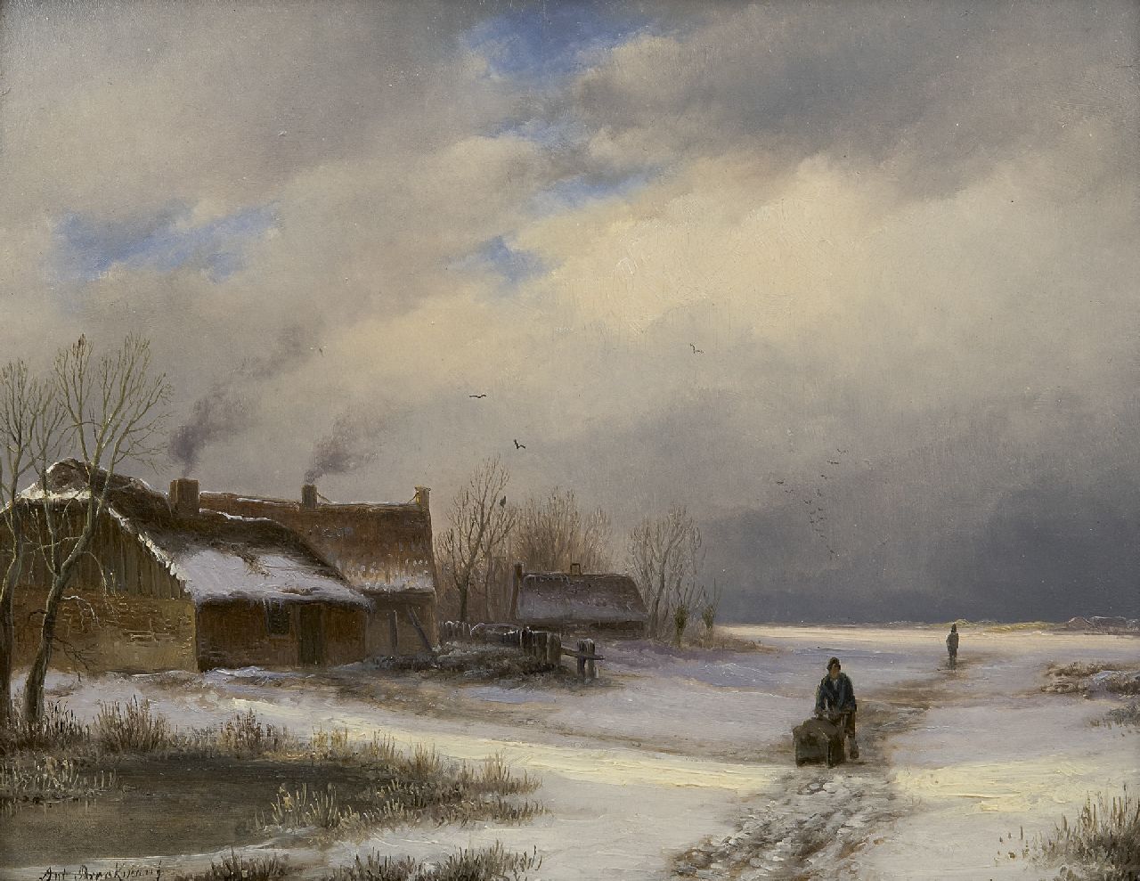 Braakman A.  | Anthonie 'Anton' Braakman, Farmhouse in the snow, oil on panel 18.5 x 23.1 cm, signed l.l.