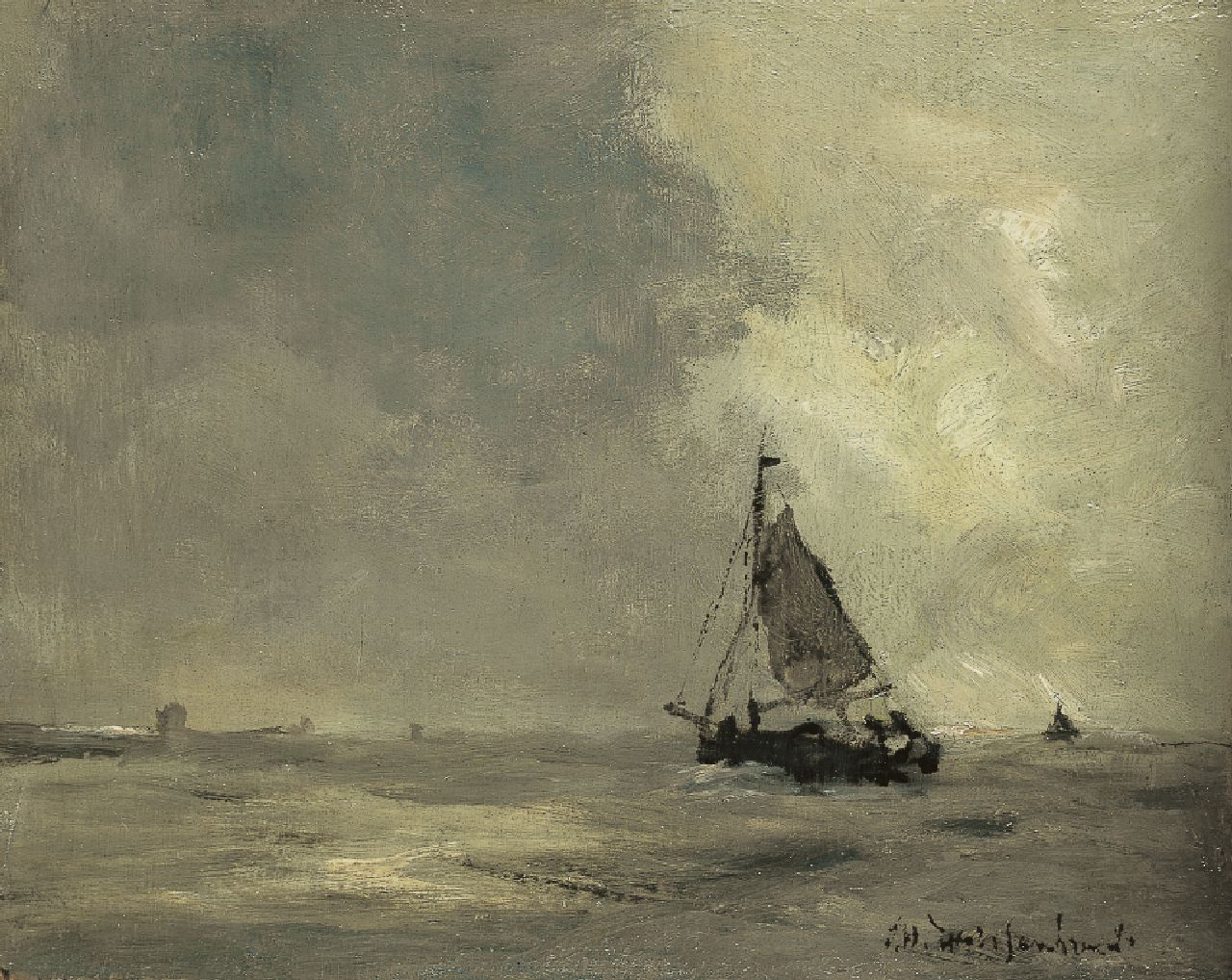 Weissenbruch H.J.  | Hendrik Johannes 'J.H.' Weissenbruch, Heavy weather before the Zeeland's coast, oil on panel 17.3 x 21.6 cm, signed l.r. and painted ca. 1900