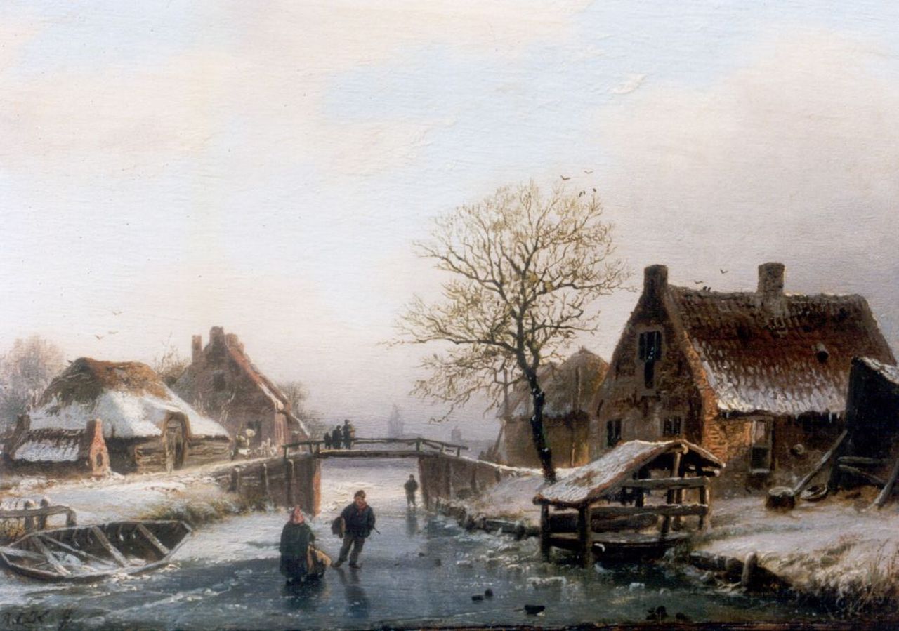 Koekkoek B.C.  | Barend Cornelis Koekkoek, Skaters on a frozen waterway, oil on panel 14.0 x 19.1 cm, signed l.l. with monogram