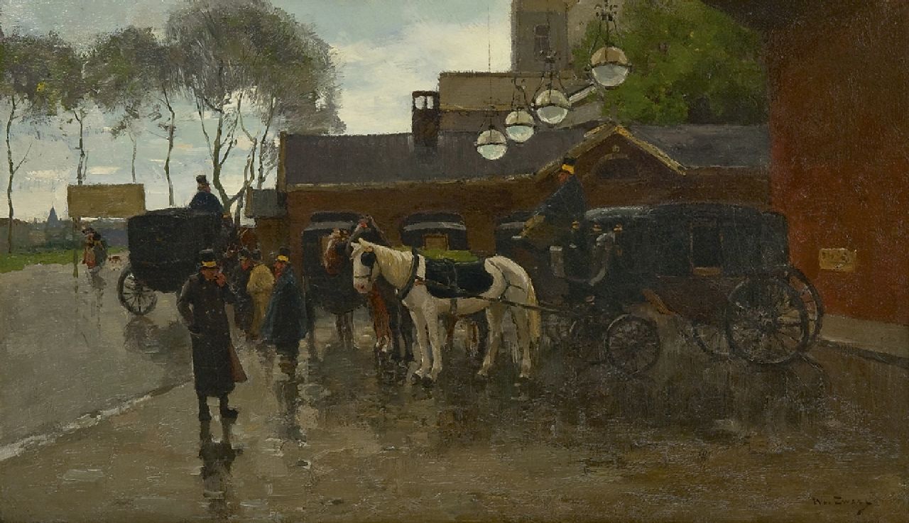 Zwart W.H.P.J. de | Wilhelmus Hendrikus Petrus Johannes 'Willem' de Zwart | Paintings offered for sale | Coaches near the station Hollandse Spoor, The Hague, oil on canvas 46.4 x 79.9 cm, signed l.r.