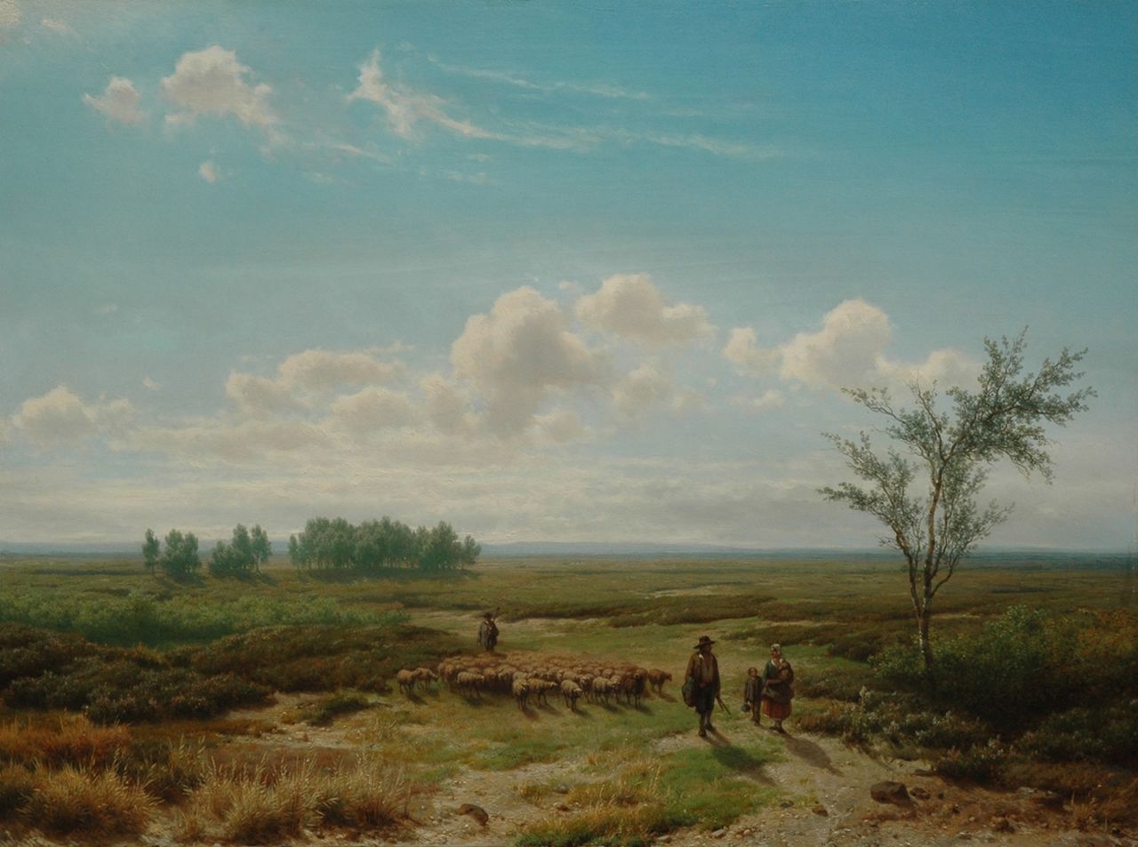 Lieste C.  | Cornelis Lieste, A summer landschape with figures and a flock of sheep, oil on panel 58.0 x 78.5 cm, signed l.l.