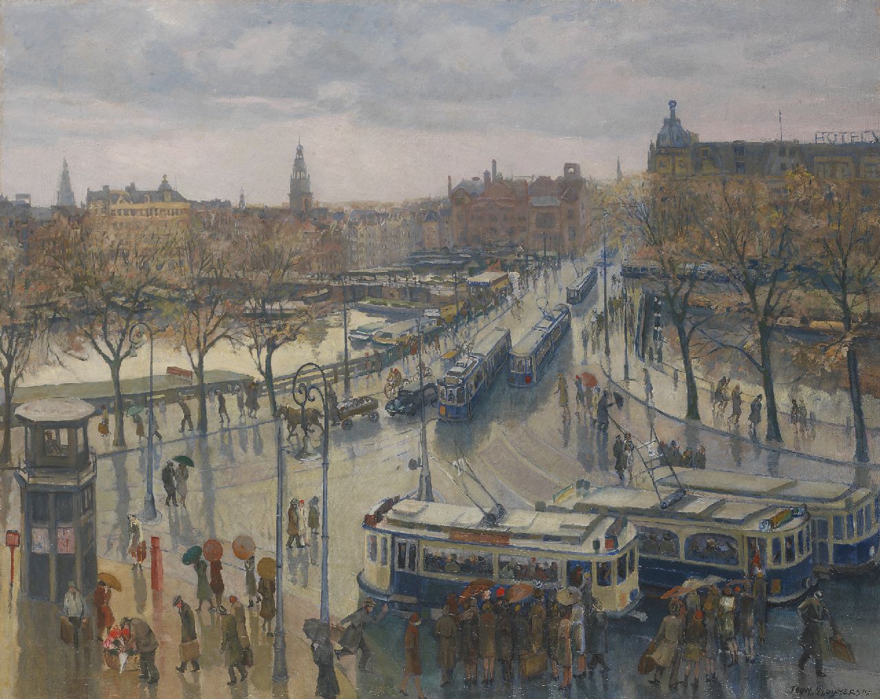 Pluijmers A.B.  | Anthonie Bernardus 'Toon' Pluijmers, The Stationsplein and Damrak, Amsterdam, oil on canvas 80.5 x 100.0 cm, signed l.r. and dated '41