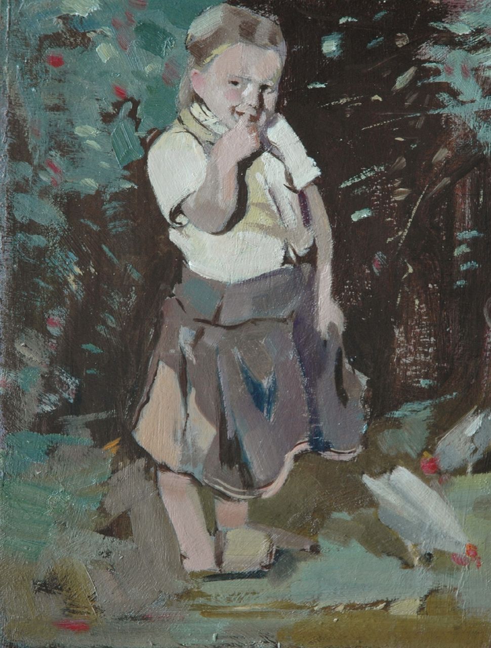 Wiggers K.H.  | 'Karel' Hendrik Wiggers, Girl with a chicken, oil on board 30.3 x 23.9 cm