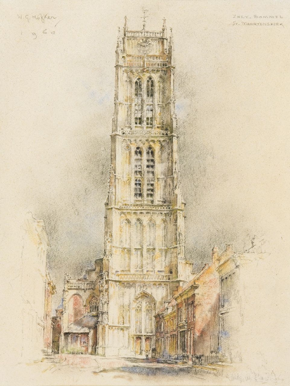 Hofker W.G.  | Willem Gerard Hofker | Watercolours and drawings offered for sale | A view of the Sint-Maartenskerk, Zaltbommel, black and coloured chalk on paper 43.2 x 33.0 cm, signed u.l. and l.r. and dated 1960