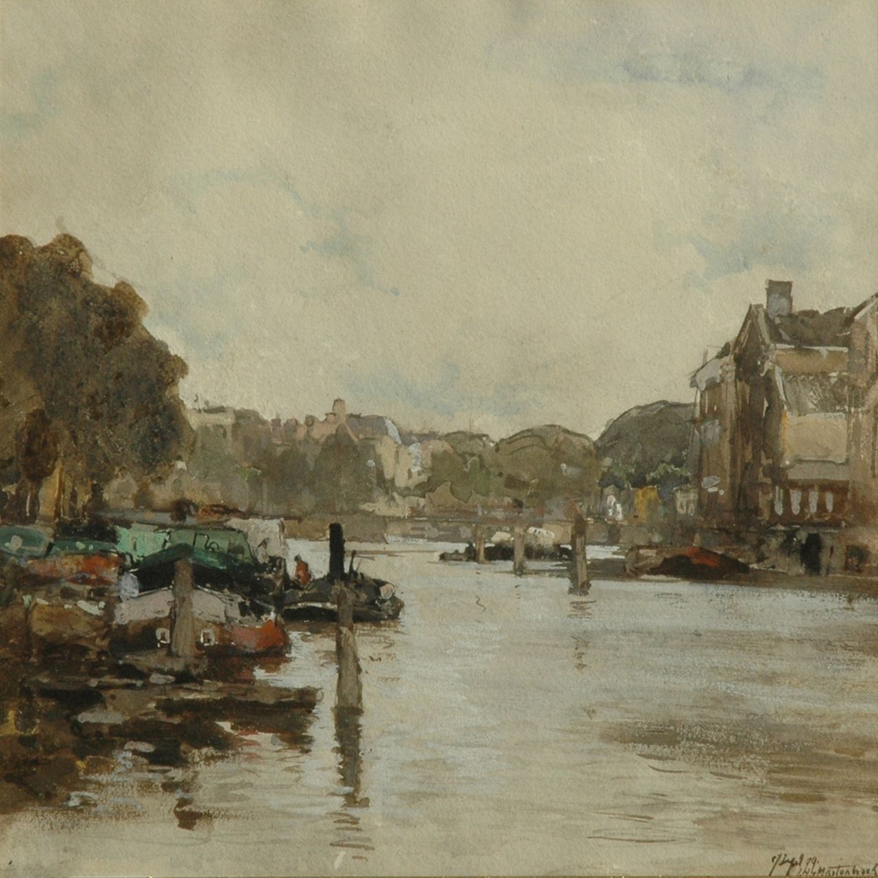Mastenbroek J.H. van | Johan Hendrik van Mastenbroek, Moored boats in a canal in a Dutch town, watercolour on paper 25.5 x 25.5 cm, signed l.r. and dated Sept. '99