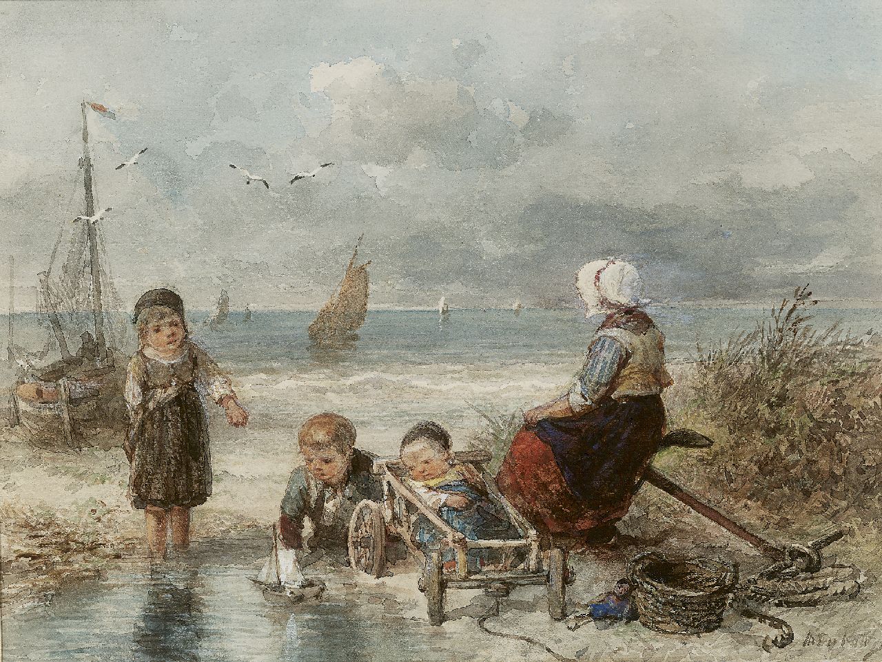 Kate J.M.H. ten | Johan 'Mari' Henri ten Kate, Fisherman's wife and her children on the beach, watercolour on paper 20.6 x 28.3 cm, signed l.r.
