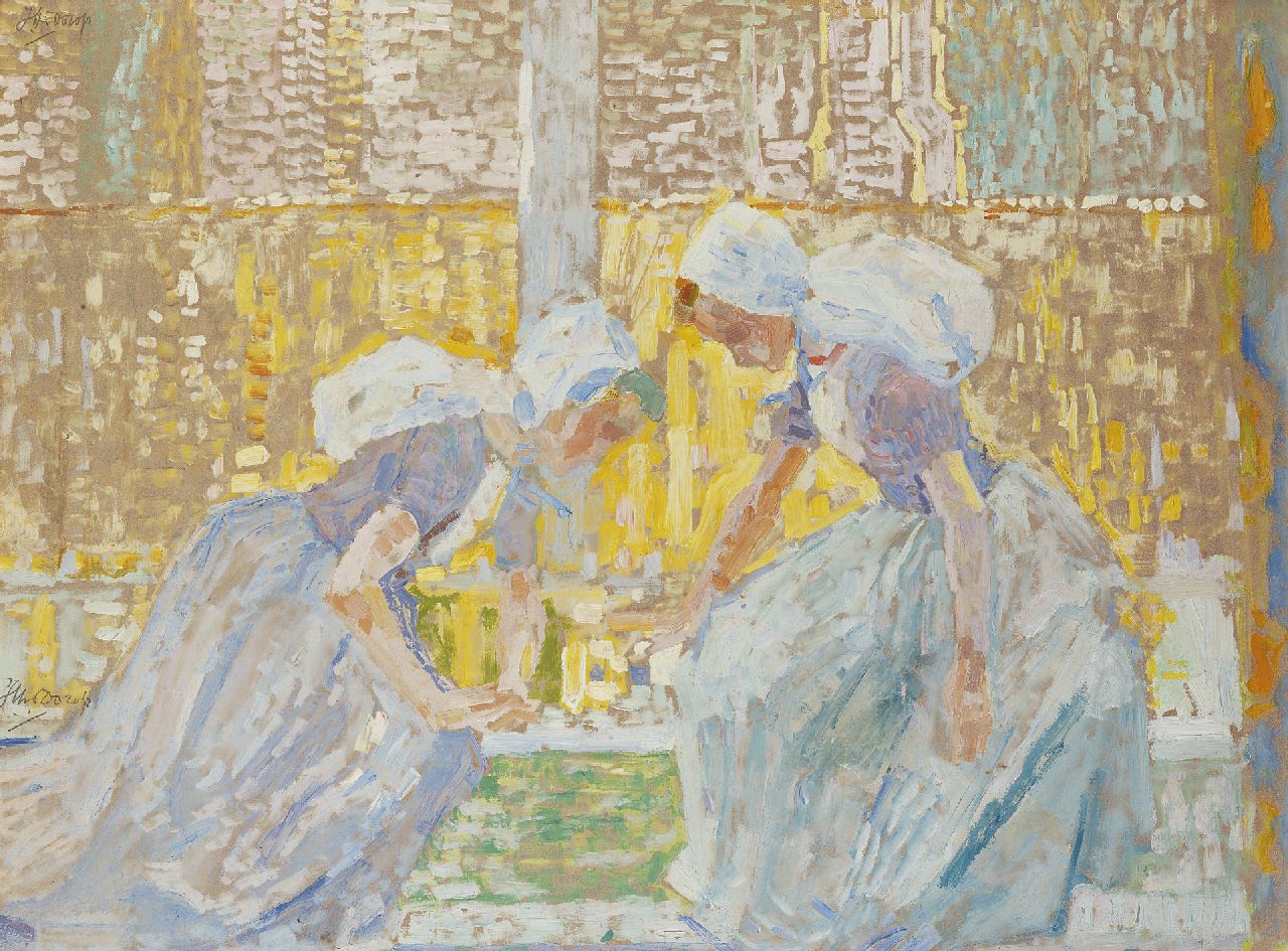 Toorop J.Th.  | Johannes Theodorus 'Jan' Toorop, Girls from Zeeland playing a game of draughts, oil on board 47.9 x 62.7 cm, signed signed double: l.c. and u.l. and painted circa. 1906-1908