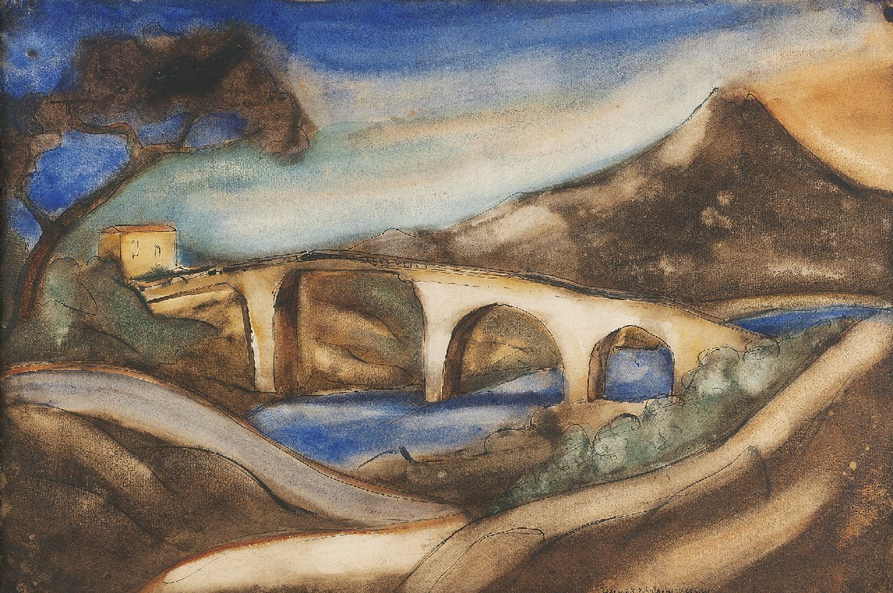 Schelfhout L.  | Lodewijk Schelfhout, The bridge, ink, chalk and watercolour on paper 34.4 x 51.0 cm, signed l.r. and painted '1920 Corse'