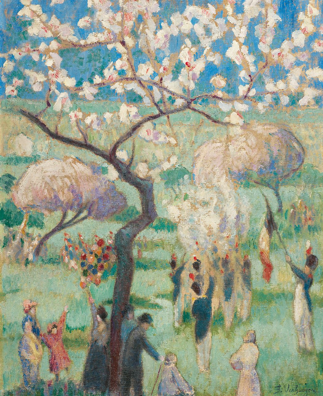 Verhaegen F.  | Fernand Verhaegen | Paintings offered for sale | The celebration of St. Rolende, Gerpinnes, oil on canvas 54.5 x 44.7 cm, signed l.r. and painted ca. 1913