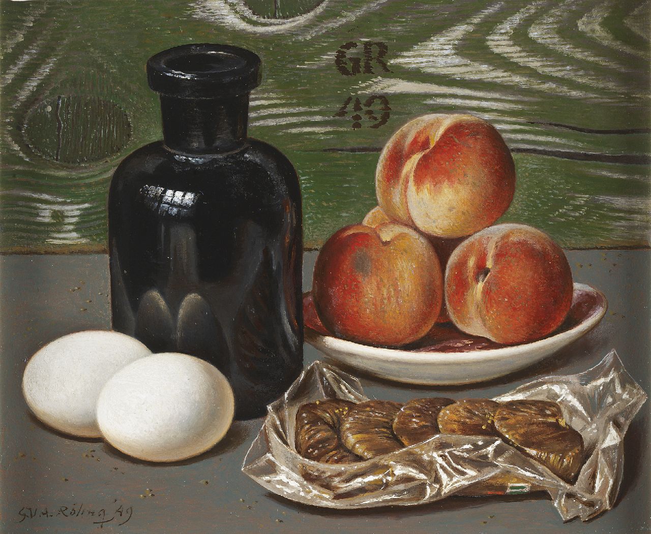 Röling G.V.A.  | Gerard Victor Alphons 'Gé' Röling, Still life with peaches, eggs and figs, oil on board 25.0 x 30.1 cm, signed l.l. and on the reverse and u.m. with initials and dated '49 l.l., u.c. and on the rear side