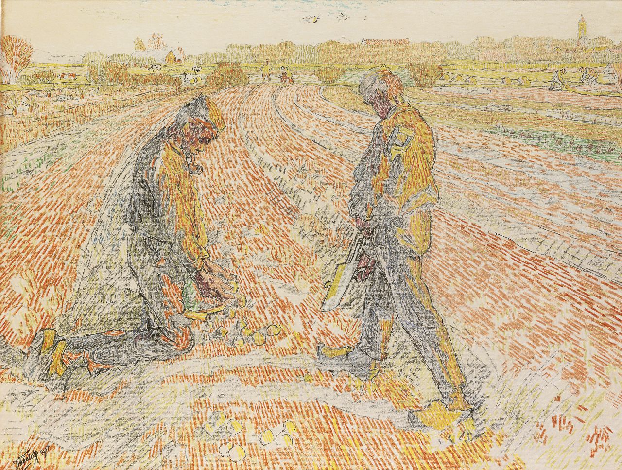 Toorop J.Th.  | Johannes Theodorus 'Jan' Toorop, Gathering potatoes, pencil and coloured chalk on paper 47.9 x 62.2 cm, signed l.l. and dated 1907