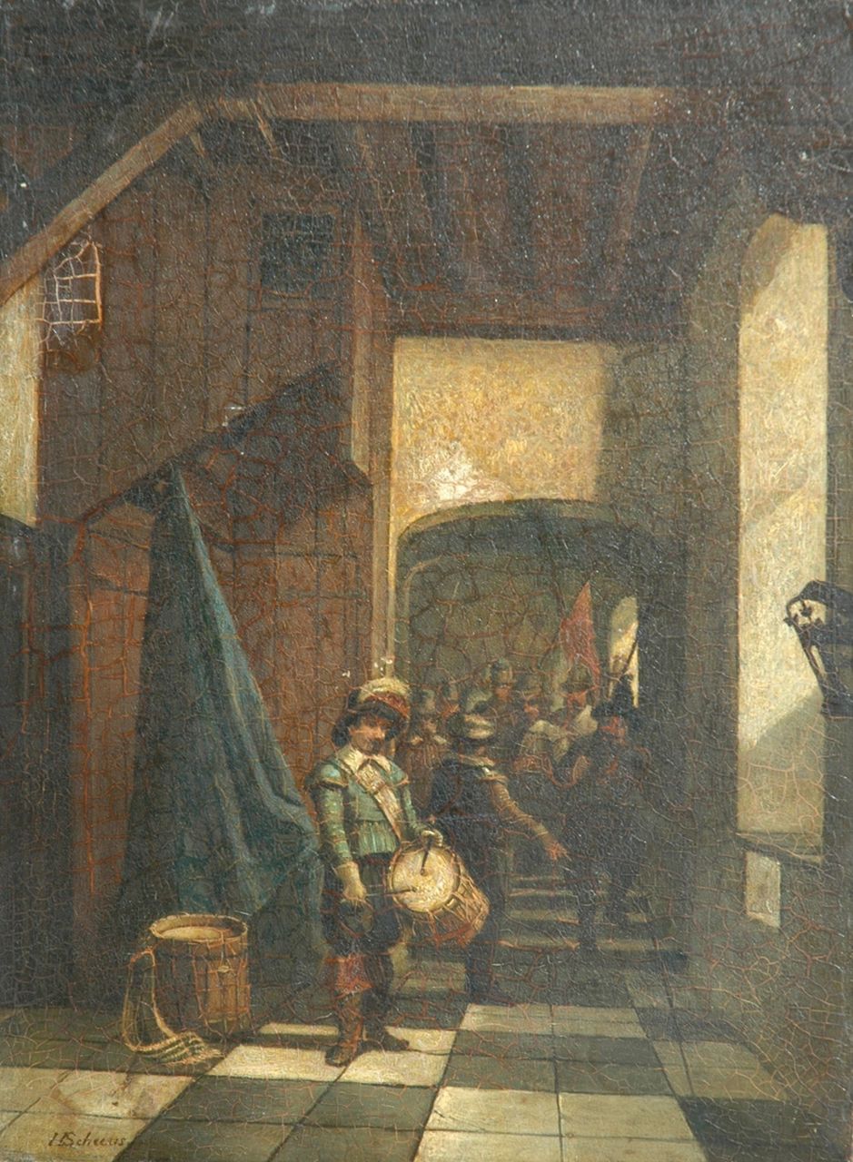 Scheeres H.J.  | Hendricus Johannes Scheeres, Beating the retreat, oil on panel 36.4 x 27.3 cm, signed l.l.